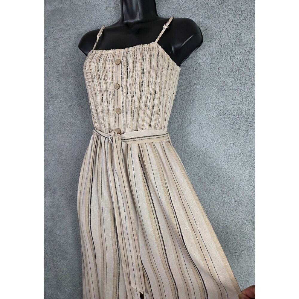Womens Linen Blend Jumpsuit Sz L Wide Leg Striped Earth Tones Beige Belted Gauze - Picture 3 of 7